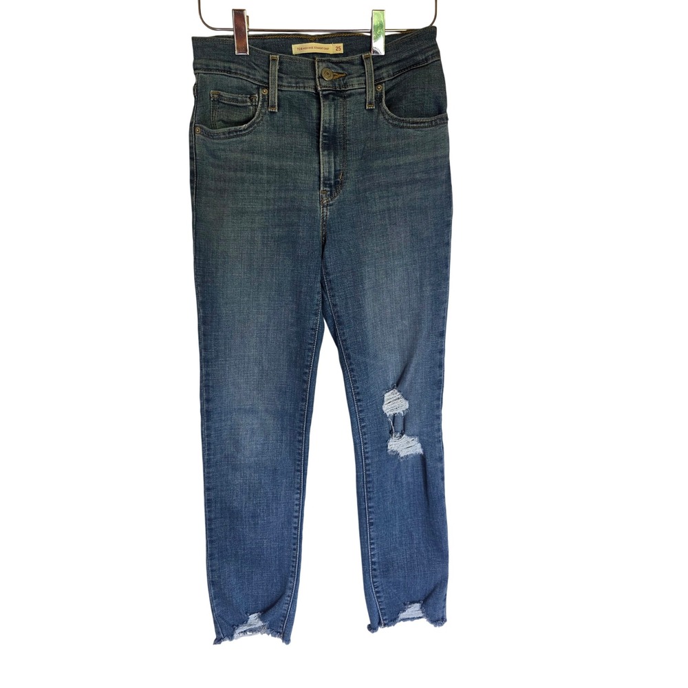 Levis 724 High Rise Straight Crop Jeans Blue Distressed Frayed Hem Womens 25